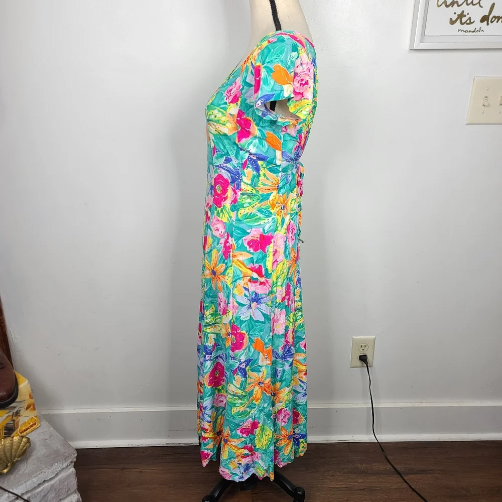 Vtg 80's/90's Jams World Bright Floral Tropical Print Back Tie Sash Midi Dress S - Picture 5 of 14